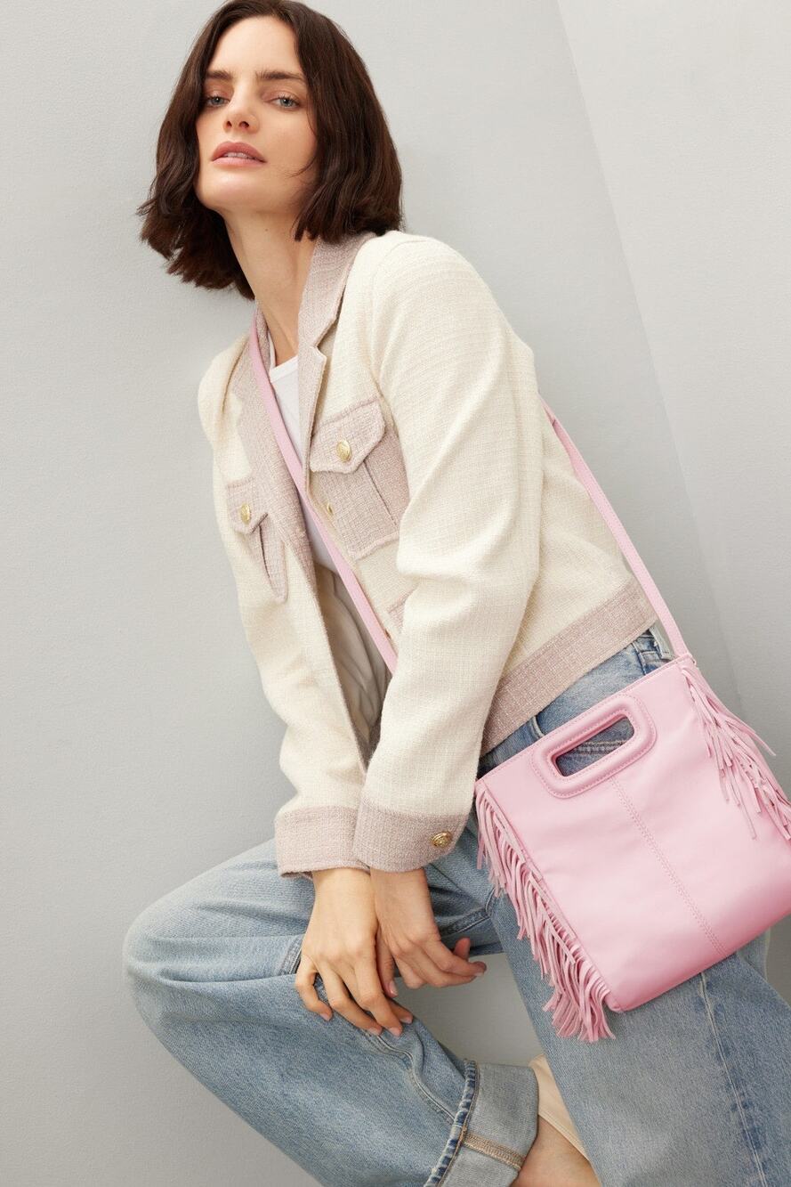 MAJE Light Pink Smooth Leather Tassel Trimmed Magnetic Closure Clutch Bag Purse